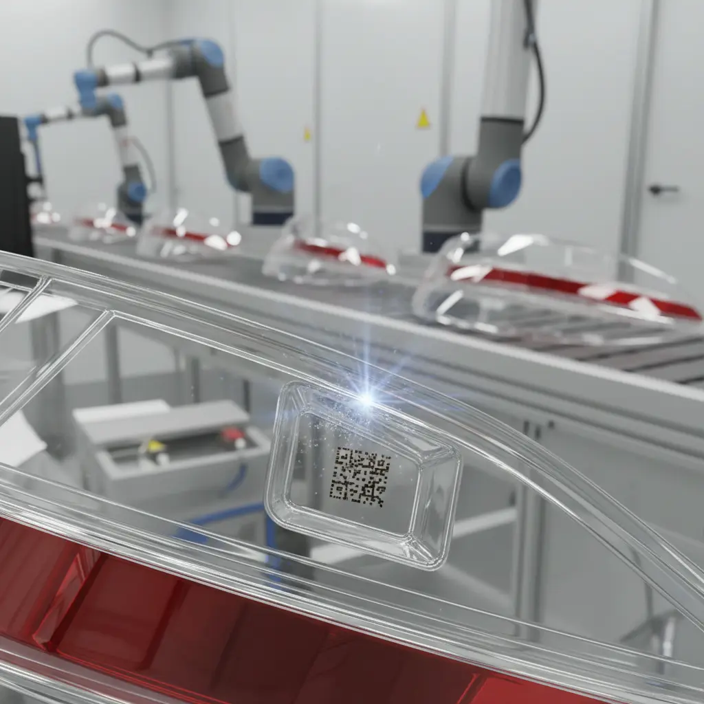 decoating-datamatrix Znakowanie laserowe UV PMMA w oświetleniu samochodowym: precyzja i kontrast dla krytycznych elementów optycznych