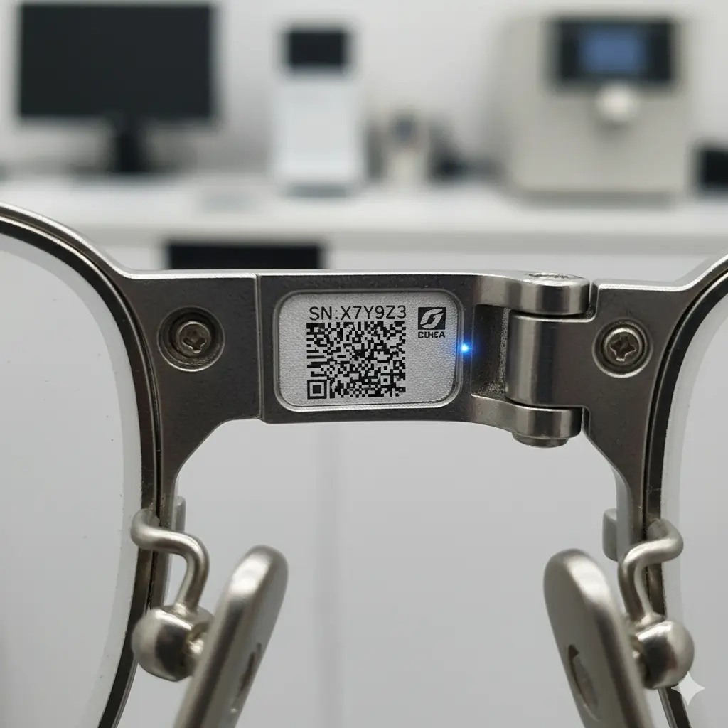 occhiali-marcatura-laser-con-datamatrix Marquage laser CO₂ à 9,3 µm dans les lunettes : pourquoi la longueur d'onde fait-elle la différence ?